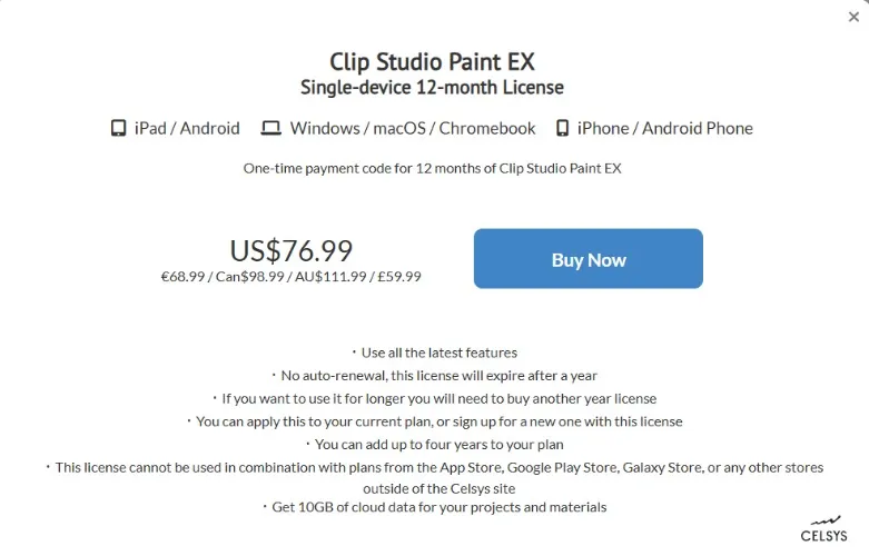CLIP STUDIO PAINT EX (English, Activation Code, 1 device, 1 year, Download)