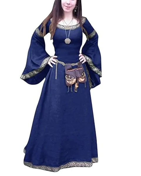 ShiFan Costumi di Halloween Donne Medievali Abiti Lunghi Eleganti Taglie Forti - S(Vita 71.5 CM) - Blu