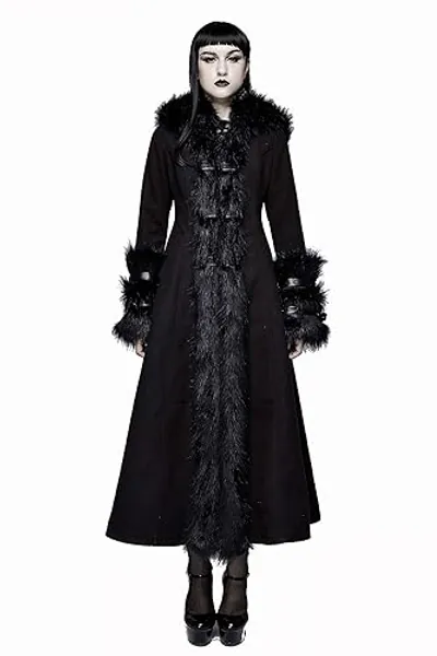 Donna Giacca Vittoriano Cappuccio Nero con Lungo con Gotico Inverno Monopetto Solido Elegante Pelliccia Ecologica Cappotti Cappotto