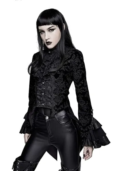 Devil Fashion Vittoriano Giacca Donna Elegante Ricamo Pizzo Arruffato Maniche Coda di Rondine con Pieghe Arricciate Collare Cappotti Eleganti per Primavera - S - Nero