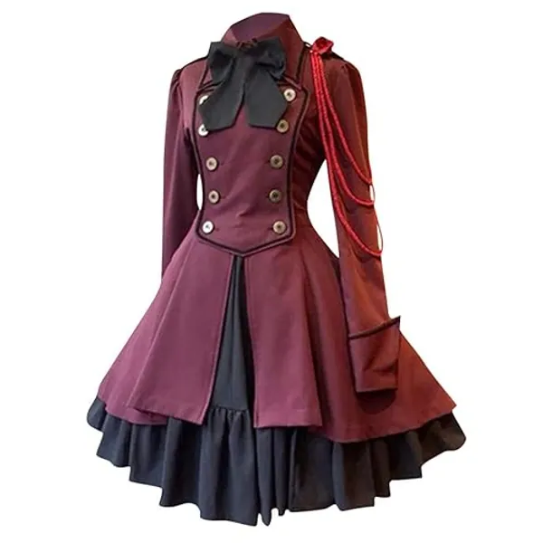 Modaworld Cosplay Costume Vestito da Lolita Dress Maid Donna con Arco Anime Gotico Abito con Arco per Halloween Carnevale, Medievale Rinascimento Abito, S-5XL - Vino - M
