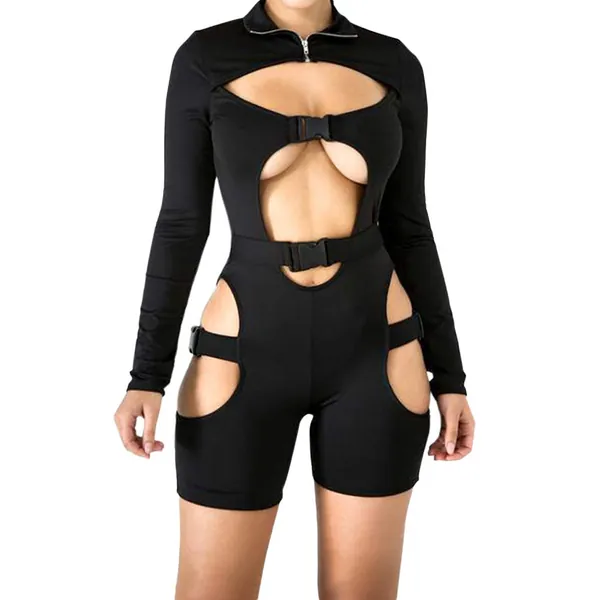 Damen Jumpsuit mit langen Ärmeln und Reißverschluss am Ausschnitt, für den Sommer, mit Schnalle