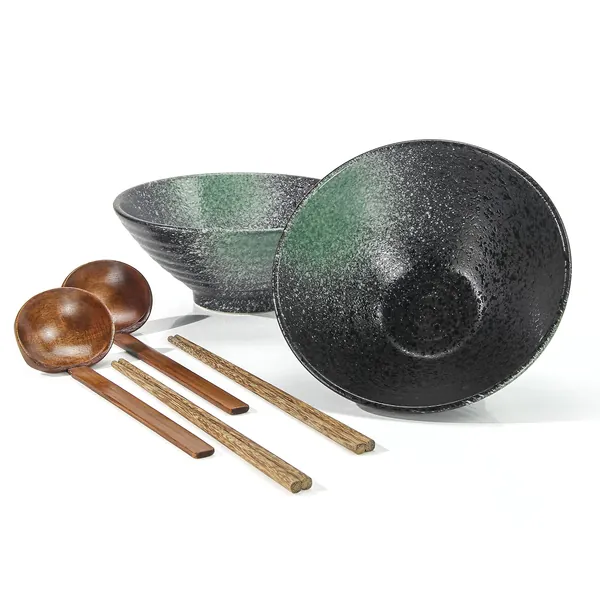 Japanischer Ramen Schüssels, 1000ml Keramik Schüssel Essstäbchen & Löffeln Schüsselset 2 Set, for Suppe Pasta Dessert Reis Nudel Nudeln Obst-salat Bowl (B) - B