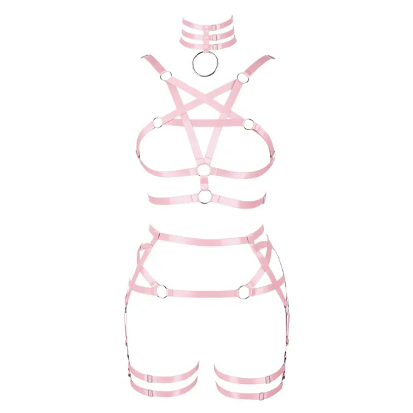 BBOHSS Damen Body Harness Pentagramm BH Strumpfband Gürtel Set Punk Gothic Carnival Halloween Elastic Verstellbares Tanzkostüm - Rosa