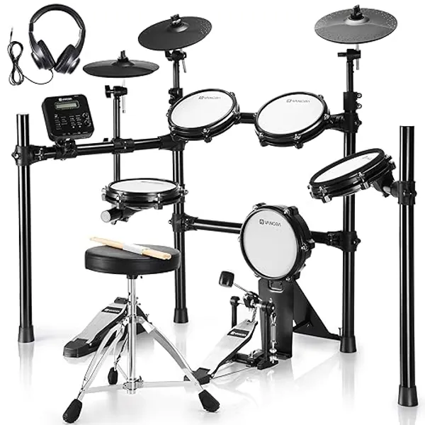 Vangoa Electronic Drum Set, Electric Drum Kit 8-Pieces with Quiet Mesh Drum Pads, Cymbals, Heavy Duty Pedals, 480 Sounds, Headphone, Full Size Electronic Drum Kit with throne for Adults, Black - 8" Drum