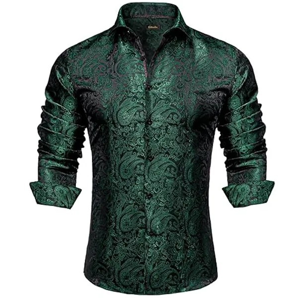 DiBanGu Mens Silk Paisley Dress Shirts,Long Sleeve Button Down Shirt Casual Regular Fit Shirt for Men Wedding Party - Large - Emerald Green Paisley