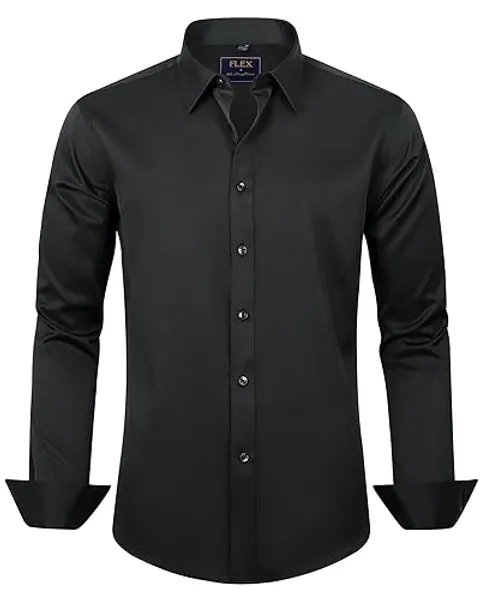 J.VER Men's Dress Shirts Solid Long Sleeve Stretch Wrinkle-Free Formal Shirt Business Casual Button Down Shirts - Black - Medium