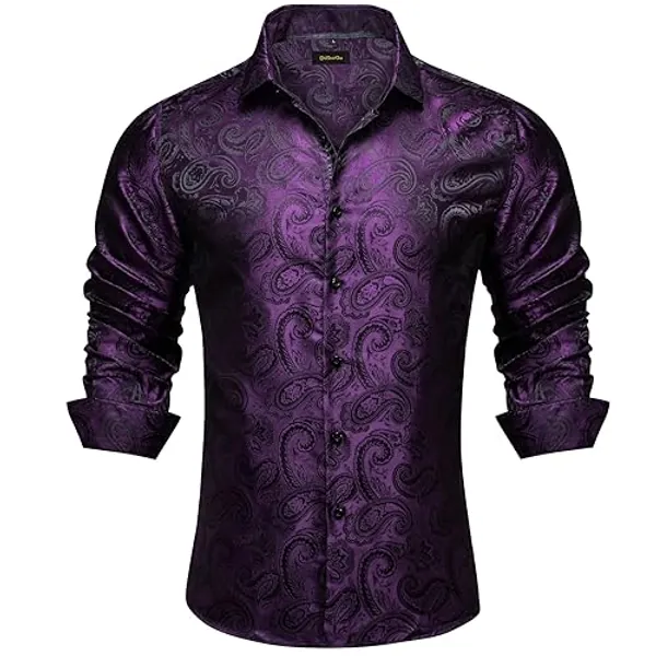 DiBanGu Mens Silk Paisley Dress Shirts,Long Sleeve Button Down Shirt Casual Regular Fit Shirt for Men Wedding Party - Medium - Dark Purple Paisley