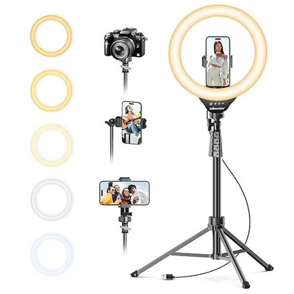 UBeesize 12'' Selfie Ring Light with 62โโ Tripod Stand for Video Recording, Live Streaming(YouTube, Instagram, TIK Tok), Compatible with Phones, Cameras and Webcams - White,Warm,Daylight - Black