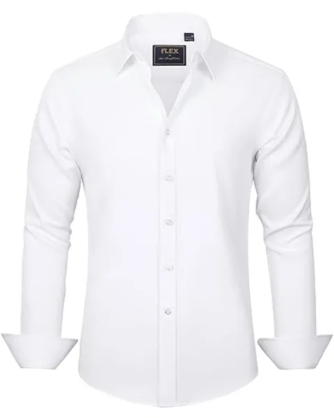 J.VER Men's Dress Shirts Solid Long Sleeve Stretch Wrinkle-Free Formal Shirt Business Casual Button Down Shirts - White - Medium