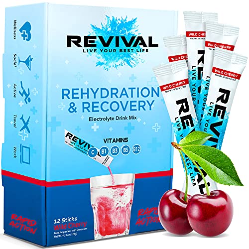 Revival Rapid Rehydration, Electrolytes Powder - High Strength Vitamin C, B1, B3, B5, B12 Supplement Sachet Drink, Effervescent Electrolyte Hydration Tablets - 12 Pack Cherry - Wild Cherry - 12 Count (Pack of 1)