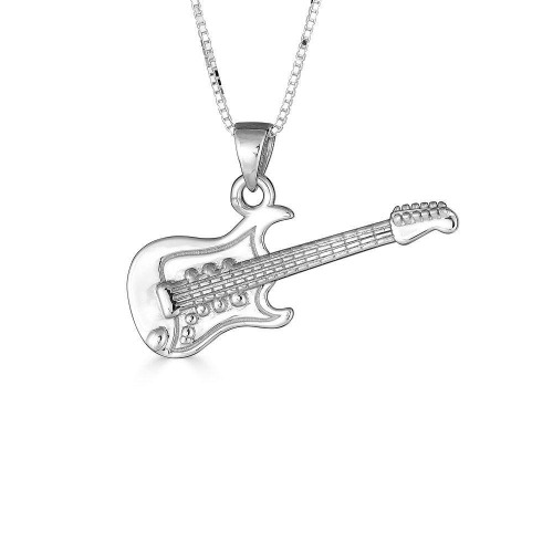 Sterling Silver Electric Guitar Music Pendant Necklace (Available Chain Length 16"- 18"- 20"- 22")