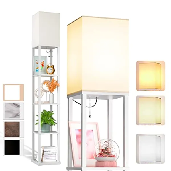 addlon Floor Lamp with Shelves, 5-Tier Modern Shelf Floor Lamp with 3CCT LED Bulb, Display Floor Lamps with Shelves for Living Room, Bedroom and Office - White