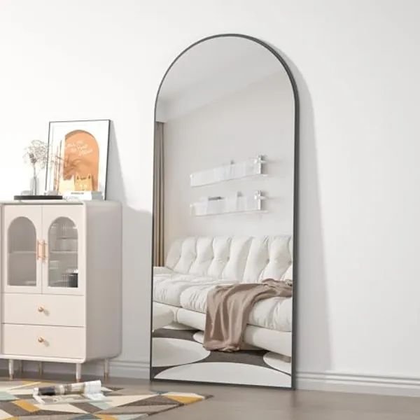 CASSILANDO Arched Full Length Mirror 65" x 24", Floor Standing Mirror, Unique Vertical Mirror, Black Metal Frame Mirror, for Living Room, Bedroom, Entrance, and Bathroom