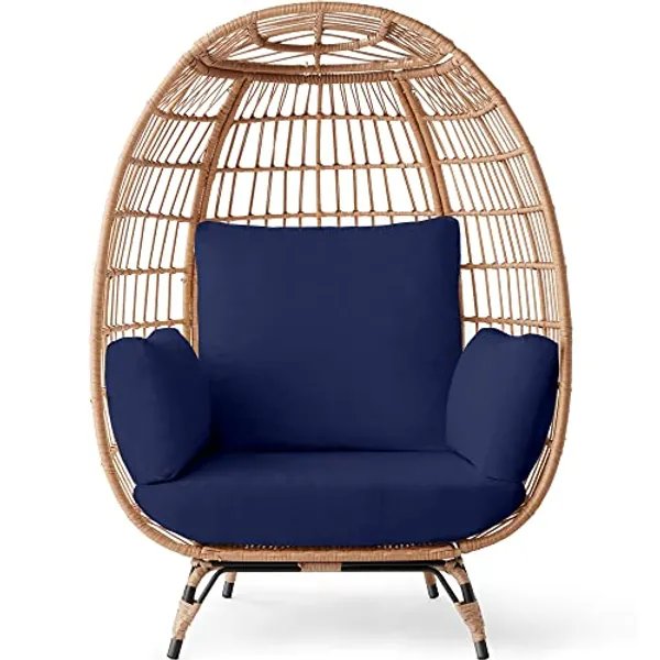Best Choice Products Wicker Egg Chair, Oversized Indoor Outdoor Lounger for Patio, Backyard, Living Room w/ 4 Cushions, Steel Frame, 440lb Capacity - Navy