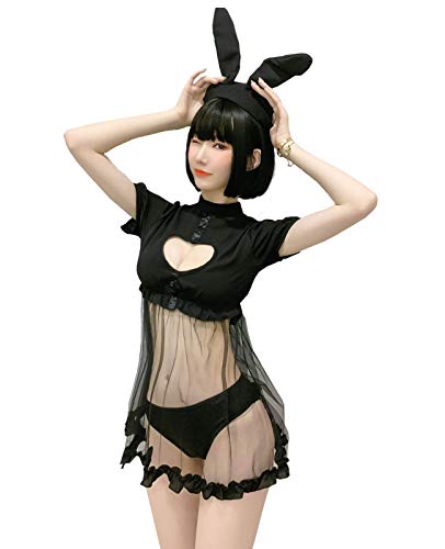Sexy Bunny Cosplay Lingerie Dress Kawaii Anime Kitten Keyhole Costume Cute Maid Outfit Japanese Lolita Underwear - Black - Small - Medium