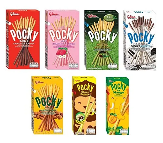 Glico Pocky Biscuit Stick 7 Flavor Variety Pack (Pack of 7) Pocky Chocolate, Strawberry, Matcha Green Tea, Cookies  Cream , Almond , Mango and Choco Banana