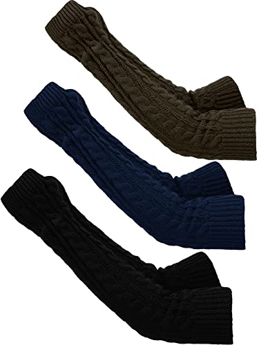 Bememo 3 Pairs Arm Warmers Long Fingerless Gloves Knit Wrist Warmers with Thumb Hole for Women Girls - Black, Dark Blue, Dark Grey