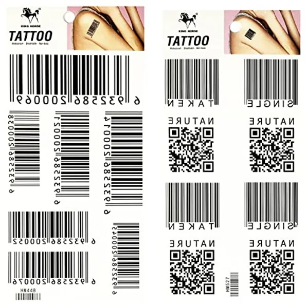 Set 2 Sheets Black Bar Code QR Numbers Barcode Temporary Tattoos Stickers Patterned Removable Design Decorations Body Neck Chest Shoulder Legs Arm Back For Man Woman