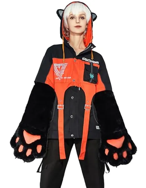 Micotaku Women's Motorcycle Jacket Detachable Skirt Set with Furry Cat Paw Bags Hooded Crop Top Skirt Set