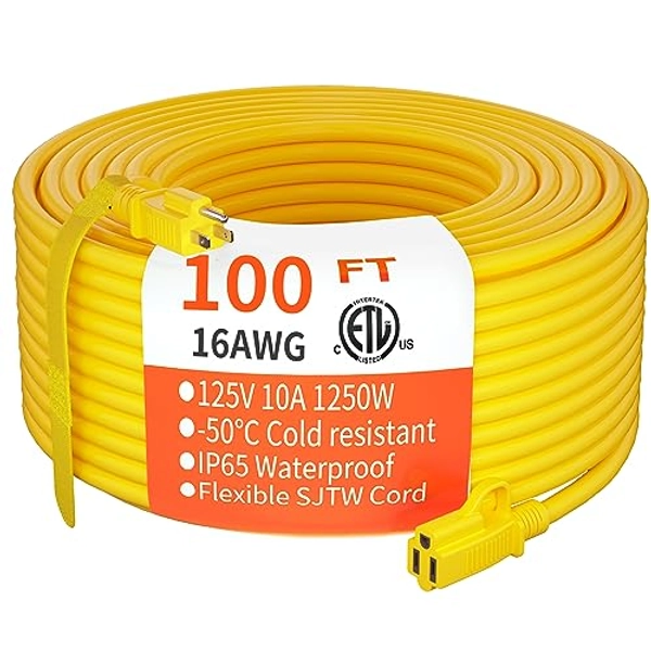 Outdoor Extension Cord 100 ft Waterproof, 16/3 Gauge Flexible Cold-Resistant Appliance Extension Cord Outside, 10A 1250W 16AWG SJTW, 3 Prong Heavy Duty Electric Cord Yellow, ETL HUANCHAIN