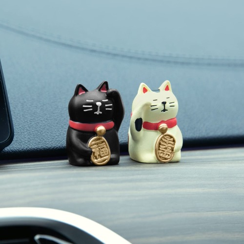 YGMONER Mini Lucky Cat Figurine Black and Beige Car Dashboard Decorations Vehicle Room Decor Accessories - 