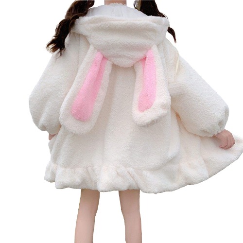 Women Cute Bunny Ear Long Sleeve Fuzzy Fluffy Rabbit Tops Sweatshirt Hoodie Jacket Coats - Large White