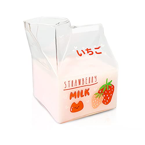 Blsky Kawaii Glass Milk Carton Cup Microwavable 12 Oz Cute Mini Creamer Container Strawberry Square Breakfast Mug Glass Creamer Pitcher with Gift Box (Strawberry) - Strawberry