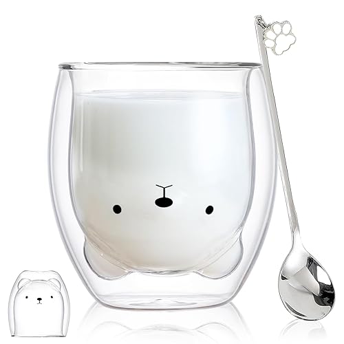 Binoster Tazzine Caffe Vetro Doppia Parete,Idee Regalo Donna Compleanno, Tazza Gatto,Tazza Orsi,Tazza Cappuccino,Tazza da The,Bicchierini Caffè Vetro Halloween Natale Regali Originali - Orso