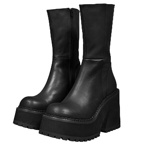 Goiphrri Platform Ankle Boots for Women High Heel Round Toe Womens Fashion Work Combat Boots Punk Motorcycle Booties Black Block Heel Party Boots - 10 - A-black Matte