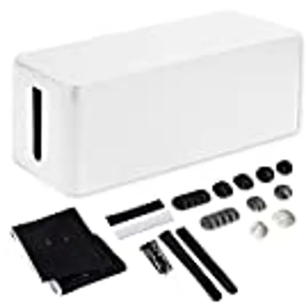 Cable Management Box - Cord Organizer for Wires, Power Strips - Includes Cable Sleeve, Hook and Loop Strap, Zip Ties, Clips - White Plastic