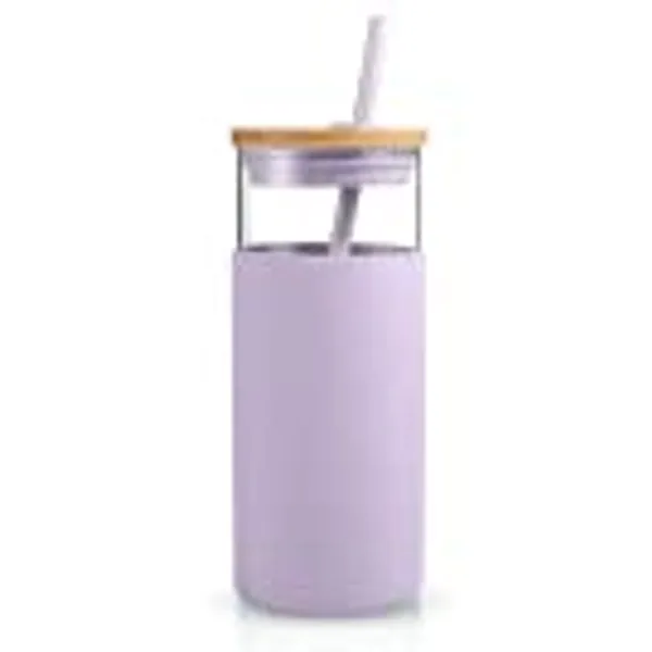 tronco 20oz Glass Tumbler Glass Water Bottle Straw Silicone Protective Sleeve Bamboo Lid - BPA Free (Light Purple)