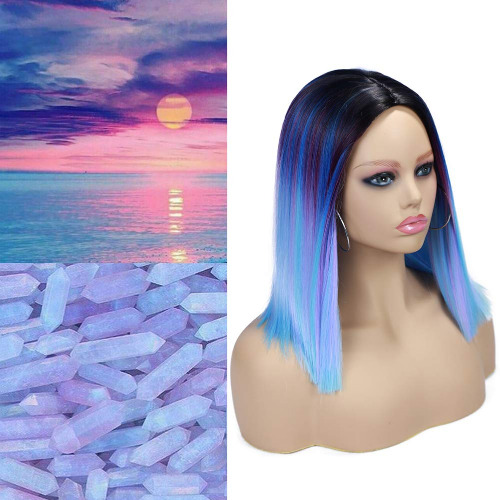 (Ombre black to mixed color) - Quick Wig Short Bob Hair wigs 36cm Straight Middle Part Costume Cosplay wig for women Ombre Colour Synthetic Hair(Black/Blue/Purple/Pink/Mint Green) - Black,Blue,Green,Mint,Purple