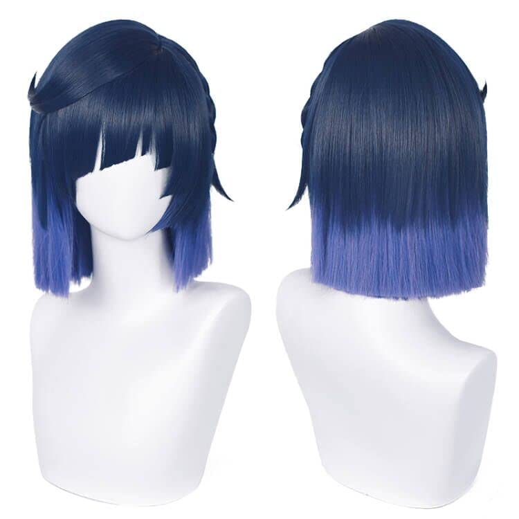 LZTLAGO 35cm Short Straight Dark Blue Ombre Purple Yelan Women Cosplay Wigs for Genshin Impact with free Wig Cap for Halloween,Party