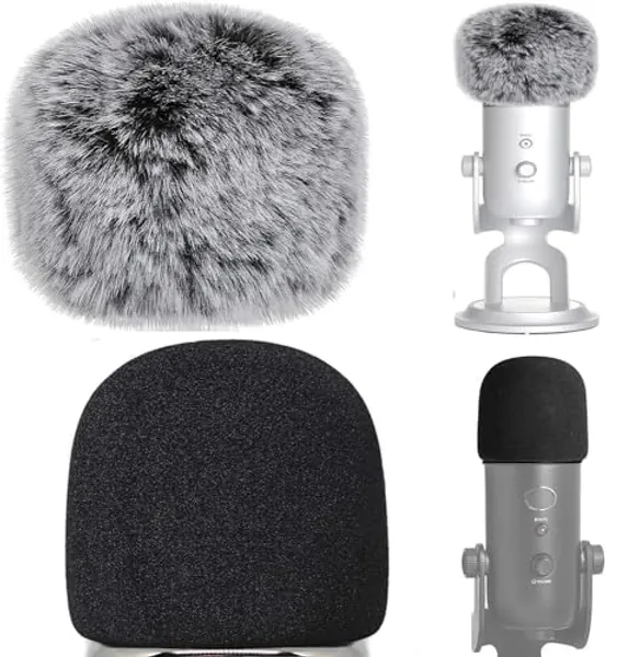 VIZEMO 2 PCS Microphone Foam Microphone Windscreen with Furry Windscreen Muff - Mic Wind Cover Pop Filter for Blue Yeti, Blue Yeti Pro USB Microphone (2 Pack) (Fuzzy-Black White+ Black Foam)