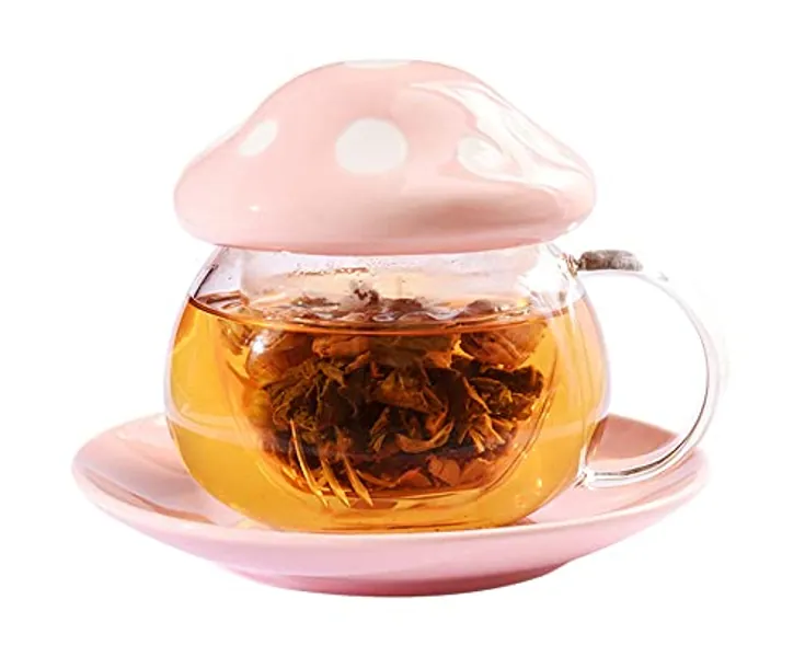 Mozacona Glass Mushroom Shape Teacup Saucer Set Coffee Mug with Filter Cup
