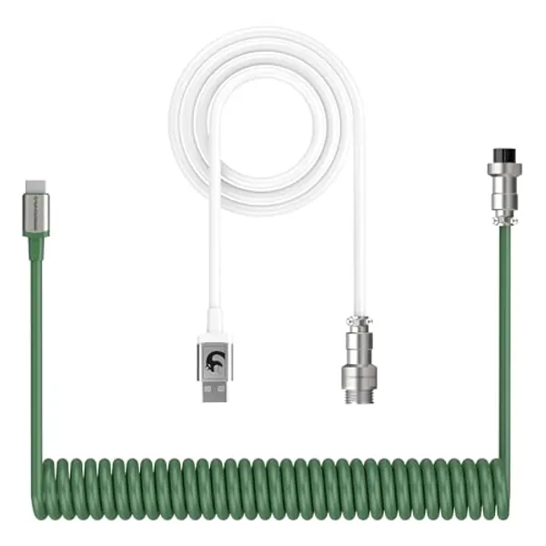 ZIYOU LANG C01 Custom Coiled USB C to A Cable with Detachable Double Sleeved Spiral Cable Extendable Spring Line Metal Aviator Connector Type-C Port for Mechanical Gaming Keyboard (White A Green C)