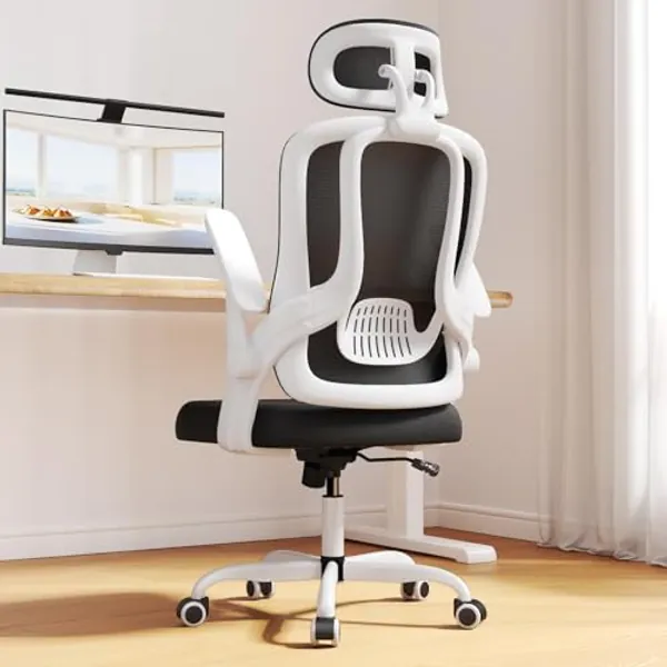 Kensaker Home Office Desk Chairs, High Back Ergonomic Computer Chair with Flip-up Armrests, Lumbar Support, Mesh Executive Task Chair with Adjustable Headrest, White