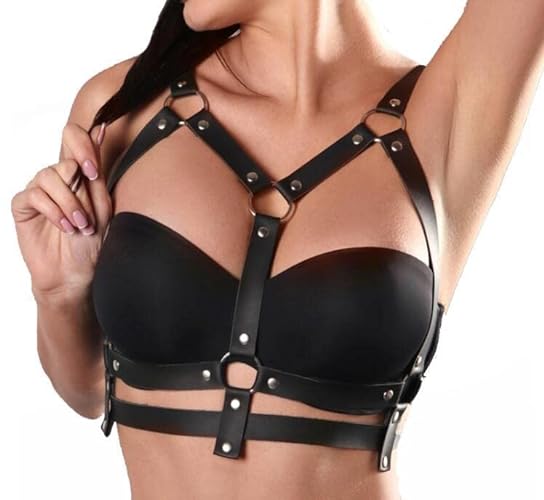 Jerany Goth Leather Body Chain Black Waist Chain Belts Sexy Adjustable Body Accessories Party Rave Bra Harness for Women - A