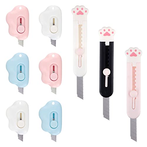 UOIXPUHUO 9 Pieces Cloud Mini Box Cutter, Retractable Cat Paw and Cloud Shaped Letter Opener for Envelope Cardboard Crafting, Cute Stationary Aesthetic School Office Supplies