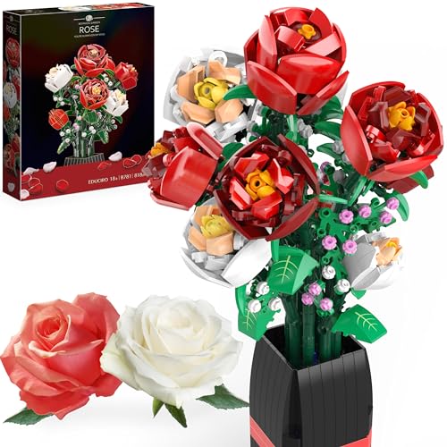 EDUCIRO Flowers Bouquet Building Decoration Set (818 PCS), Christmas, Mother's Day, or Valentine's Gifts Ideal for Kids, Adults, Women Girls Boys, Roses Toy Building Set with Vase