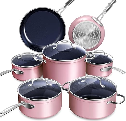 Nuwave Healthy Duralon Blue Ceramic Nonstick Cookware Set, Diamond Infused Scratch-Resistant, PFAS Free, Dishwasher & Oven Safe, Induction Ready & Evenly Heats, Tempered Glass Lids & Stay-Cool Handles - Dusty Pink - 12pc Cookware Set - Cookware Set