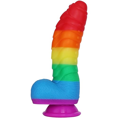 LZYAA 8.5Inch Realistic Dildo Liquid Silicone Material No Any Smell Soft Adult Sex Toys Thick Penis 2 Balls Strong Suction Cup for Hand-Free(Rainbow) - Rainbow - 8.5 Inch