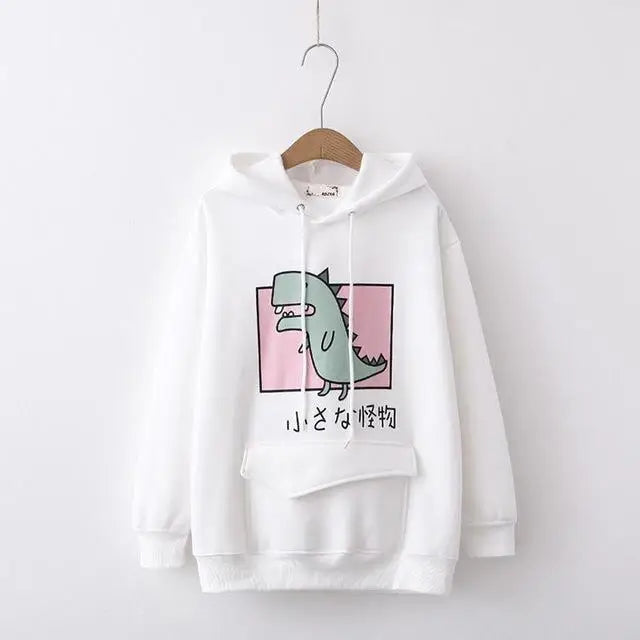 Kawaii Dinosaur Hoodie in Pastel Colors with Cute Japanese Writing - White