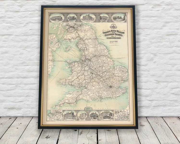 RAILROAD map of England and Wales c1911 by George McCorquodale Rare print Available in 3 sizes and a FRAMED option FREE standard delivery