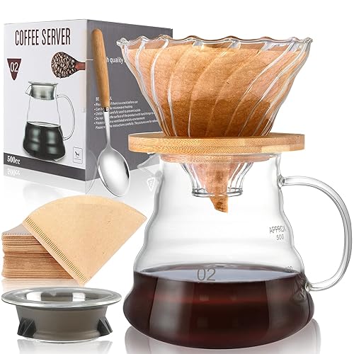 SuproBarware Pour over Coffee Maker Set, Manual Glass Coffee Filter with Dripper Glass Coffee Filters Cone and 500ML Coffee Pot with Handle,Glass Coffee with Coffee spoon and 40 Paper Filters