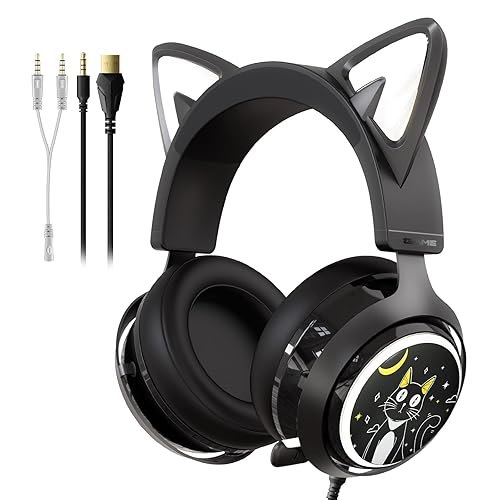 SOMIC GS510 Gaming Headset, Cat Ear Headset PC Gaming Headphones with Retractable Mic Noise Cancelling, Stereo Sound, DIY Face Covers for PC, PS4, PS5,Xbox One(Only White LED Light) - Wired - Black