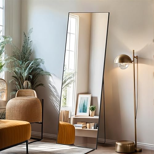 Zibbizo Mirror Full Length, 16"x59" Body Wall Mirrors with Shatter-Proof Glass, Floor Standing, Hanging or Leaning, Tall Mirror with Stand Aluminum Alloy Frame for Bedroom Cloakroom - Rectangular - 59"L x 16"W - Black