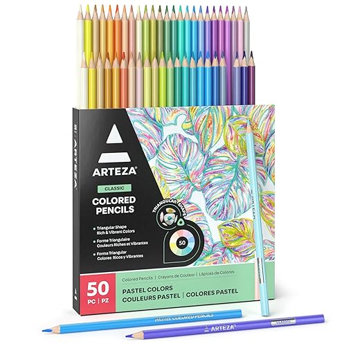 ARTEZA Pastel Colored Pencils, 50 Coloring Pencils, Triangular Grip, Pre-Sharpened Pastel Pencils Set, Art Supplies for Drawing - Pastel