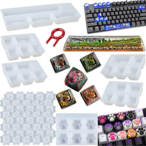 Keycaps Epoxy Resin Casting Molds Set for Mechanical Gaming Keyboard Polymer Clay Crafts 6 Silicone Trays with Key Puller - Keycap Molds 6-in-set